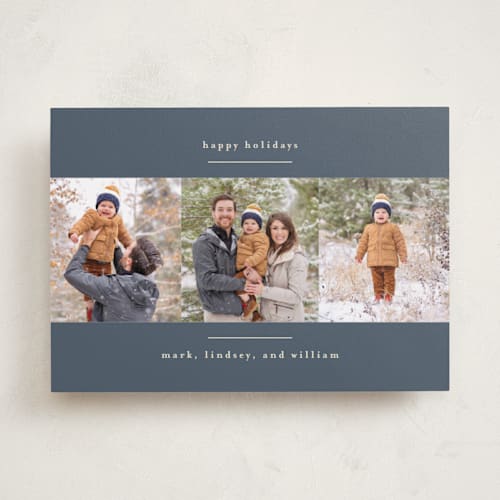 This is a blue spruce holiday photo cards with standard by Kate Ross called modern minimalist printing on recycled smooth signature in standard