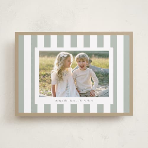 This is a sage holiday photo cards with standard by Angela Thompson called linen stripes printing on recycled smooth signature in standard