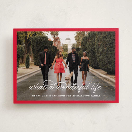This is a peppermint holiday photo cards with standard by Leah Ragain called what a wonderful life printing on recycled smooth signature in standard