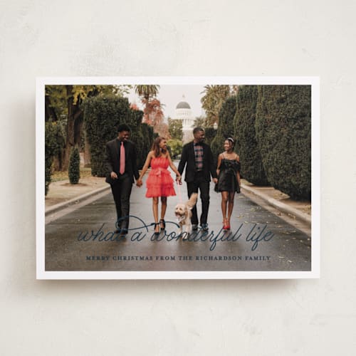 This is a blue jay holiday photo cards with standard by Leah Ragain called what a wonderful life printing on recycled smooth signature in standard