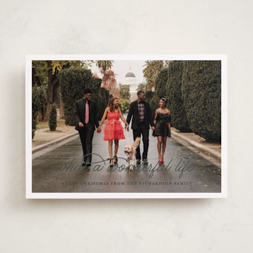 This is a wreath holiday photo cards with standard by Leah Ragain called what a wonderful life printing on recycled smooth signature in standard