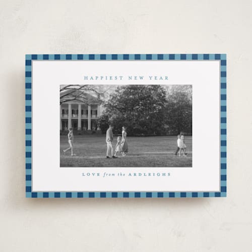This is a navy holiday photo cards with standard by Kristie Kern called the charleston printing on recycled smooth signature in standard