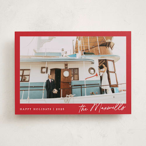 This is a santa holiday photo cards with standard by Jackie Crawford called scripted penmanship frame printing on recycled smooth signature in standard