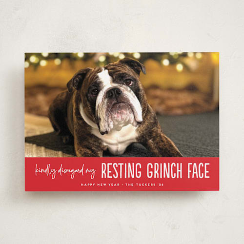 This is a poinsettia holiday photo cards with standard by Erica Krystek called grinch face printing on recycled smooth signature in standard