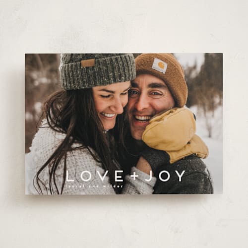 This is a snow holiday photo cards with standard by Kate Ross called love joy printing on recycled smooth signature in standard