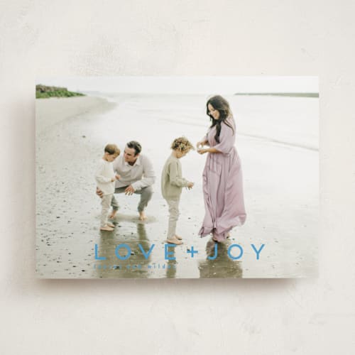 This is a glacier holiday photo cards with standard by Kate Ross called love joy printing on recycled smooth signature in standard