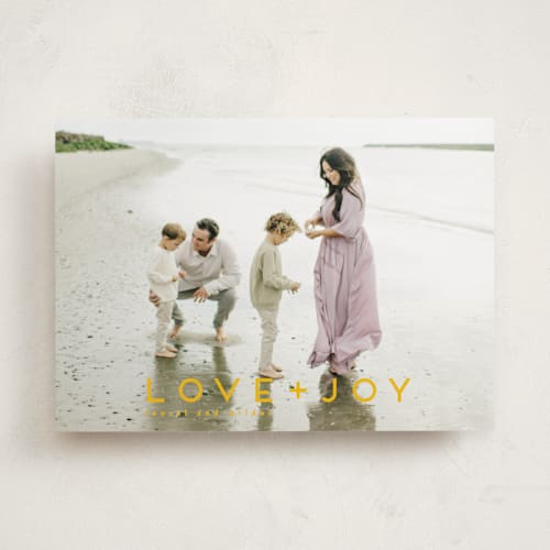 This is a golden honey holiday photo cards with standard by Kate Ross called love joy printing on recycled smooth signature in standard