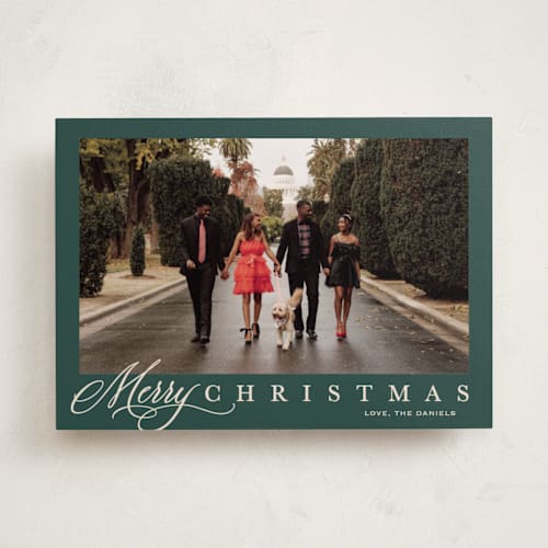 This is a wreath holiday photo cards with standard by Carolyn MacLaren called footnote printing on recycled smooth signature in standard