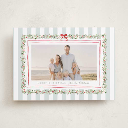This is a winter mint holiday photo cards with standard by Everett Paper Goods called coastal garland printing on recycled smooth signature in standard