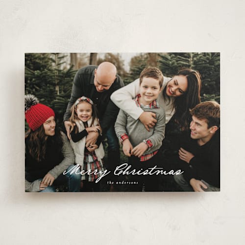 This is a snow holiday photo cards with standard by Ashley Iwafuchi called merriest wishes printing on recycled smooth signature in standard