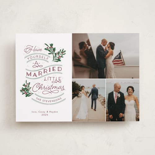 This is a cranberry holiday photo cards with standard by Sarah Brown called a little married printing on recycled smooth signature in standard