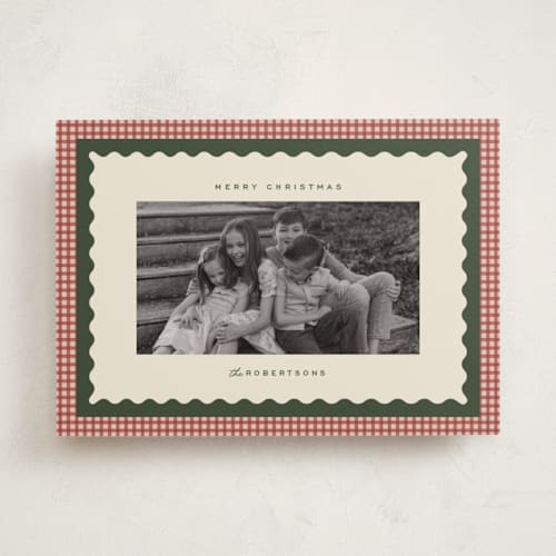 This is a cranberry holiday photo cards with standard by Ellen Schlegelmilch called gingham layers printing on recycled smooth signature in standard