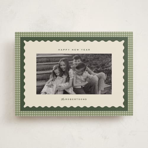 This is a garland holiday photo cards with standard by Ellen Schlegelmilch called gingham layers printing on recycled smooth signature in standard