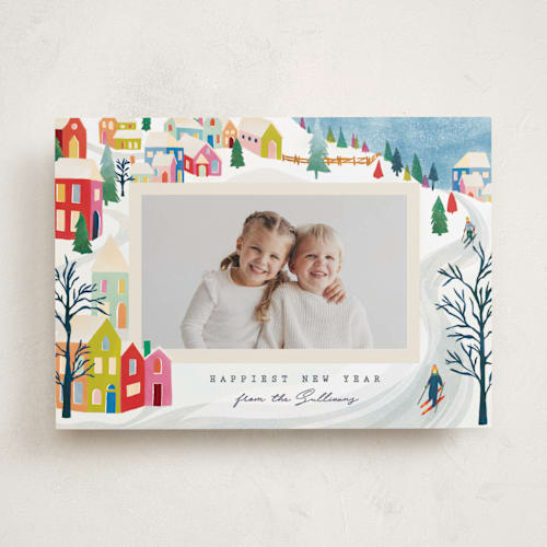 This is a bright holiday photo cards with standard by Julie Murray called mountain village printing on recycled smooth signature in standard