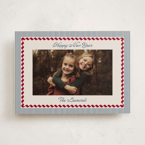 This is a navy holiday photo cards with standard by Kelly Schmidt called vintage border printing on recycled smooth signature in standard