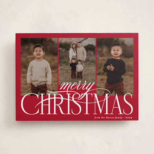 This is a poinsettia holiday photo cards with standard by Brianne Larsen called bold elegance printing on recycled smooth signature in standard