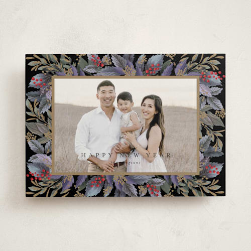 This is a boysenberry holiday photo cards with standard by Chris Griffith called christmas greens printing on recycled smooth signature in standard