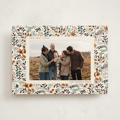This is a caramel holiday photo cards with standard by Tatjana Koraksic called winter flora pattern printing on recycled smooth signature in standard