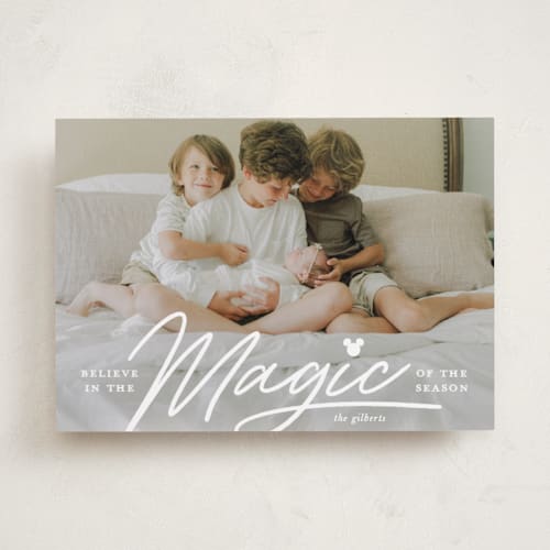 This is a snow holiday photo cards with standard by Carrie ONeal called disney's mickey magical season printing on recycled smooth signature in standard