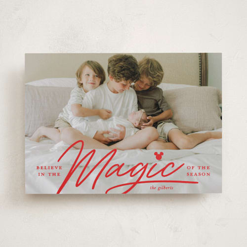 This is a santa suit holiday photo cards with standard by Carrie ONeal called disney's mickey magical season printing on recycled smooth signature in standard