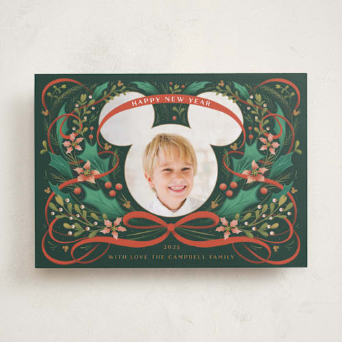 This is a evergreen holiday photo cards with standard by Becky Nimoy called disney's mickey head photo frame wreath printing on recycled smooth signature in standard