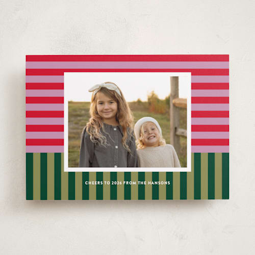 This is a candy cane holiday photo cards with standard by Shari Margolin called festive stripes printing on recycled smooth signature in standard