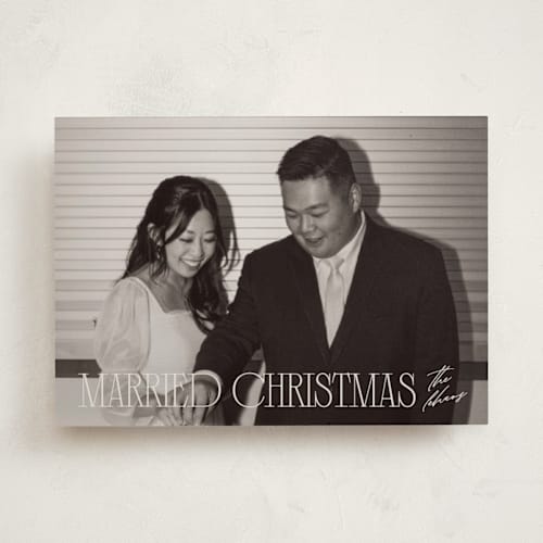 This is a champagne holiday photo cards with standard by Ellen Schlegelmilch called serif married christmas printing on recycled smooth signature in standard