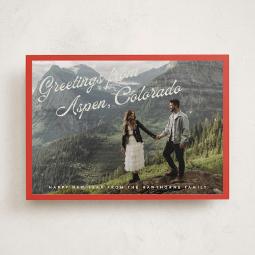 This is a candy cane holiday photo cards with standard by Randi Cirelli called globetrotting greetings printing on recycled smooth signature in standard