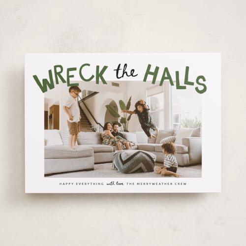 This is a tree farm holiday photo cards with standard by Kamala Nahas called wreck the halls with boughs of jolly printing on recycled smooth signature in standard