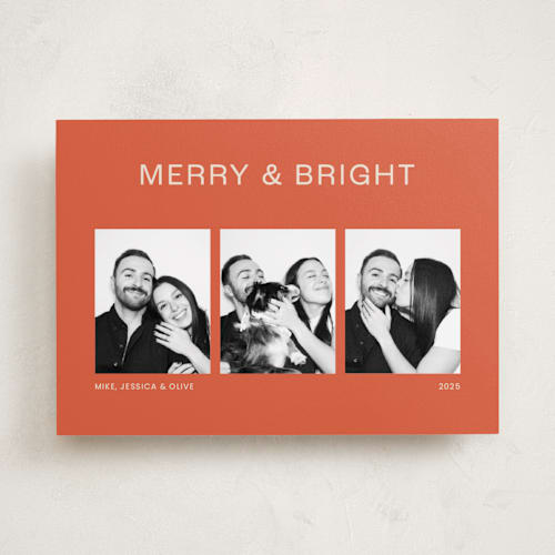 This is a terracotta holiday photo cards with standard by seulghi called bright trio printing on recycled smooth signature in standard