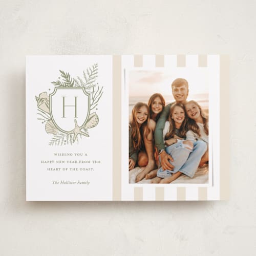 This is a sage holiday photo cards with standard by Oscar and Emma - Karly Depew called tis the sea-sun printing on recycled smooth signature in standard