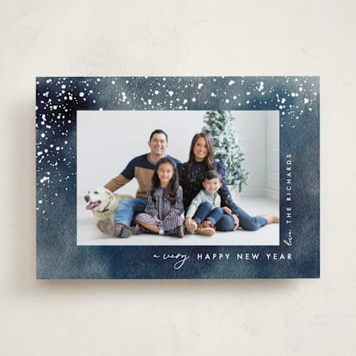 This is a midnight holiday photo cards with standard by Penny Eversole called snowy inky printing on recycled smooth signature in standard