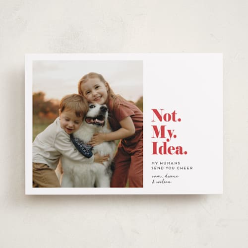 This is a bright red holiday photo cards with standard by Penny Eversole called not my idea pet card printing on recycled smooth signature in standard