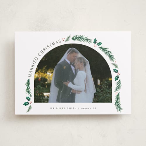 This is a snow holiday photo cards with standard by Hooray Creative called a married christmas printing on recycled smooth signature in standard