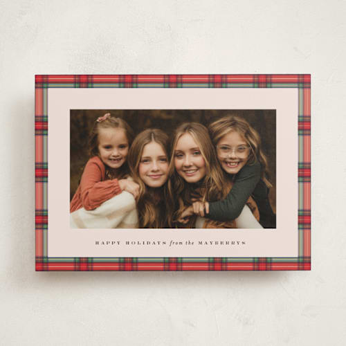 This is a holly berry holiday photo cards with standard by Olivia Kanaley Inman called taffeta tartan printing on recycled smooth signature in standard