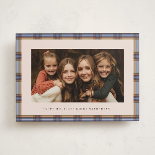 This is a cornflower holiday photo cards with standard by Olivia Kanaley Inman called taffeta tartan printing on recycled smooth signature in standard