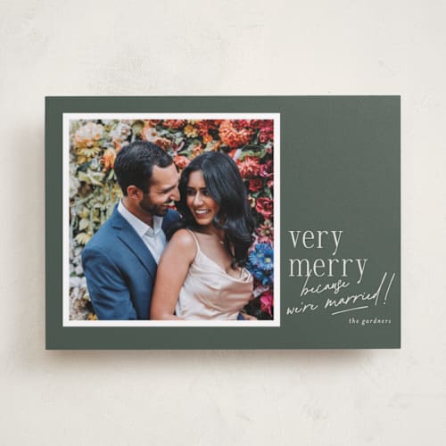 This is a pine holiday photo cards with standard by Ashley Iwafuchi called oh so married printing on recycled smooth signature in standard