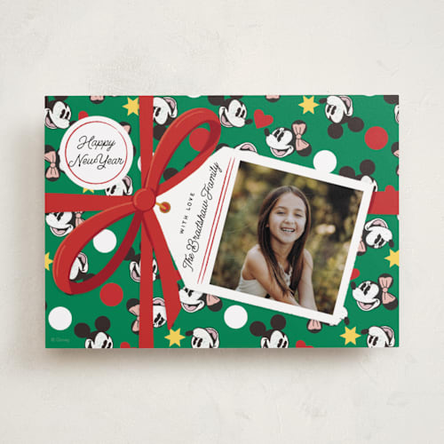 This is a wreath holiday photo cards with standard by Becky Nimoy called disney's mickey & minnie gift box printing on recycled smooth signature in standard