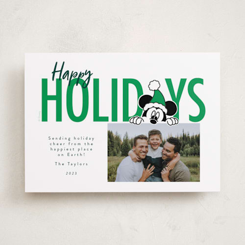This is a christmas tree holiday photo cards with standard by Julee London called disney's mickey mouse birthday fun printing on recycled smooth signature in standard