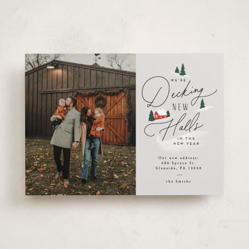This is a stone holiday photo cards with standard by Everett Paper Goods called decking new halls printing on recycled smooth signature in standard