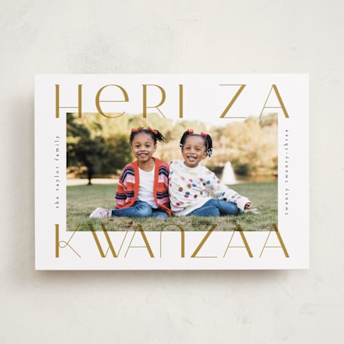 This is a golden kwanzaa cards with standard by Ana de Sousa called merriest&bright printing on recycled smooth signature in standard