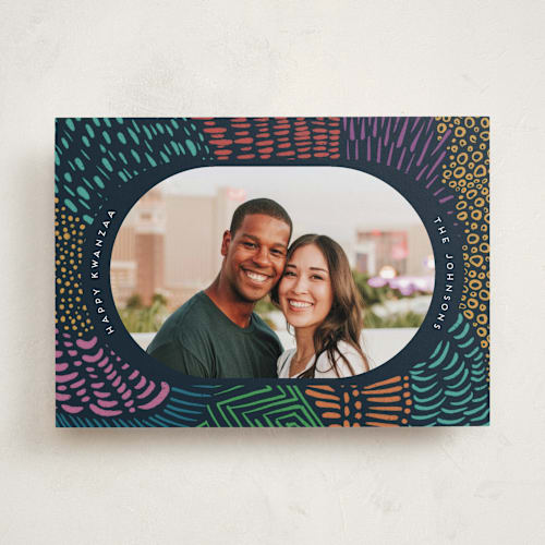 This is a teal kwanzaa cards with standard by Tamara Hilje called ankara printing on recycled smooth signature in standard