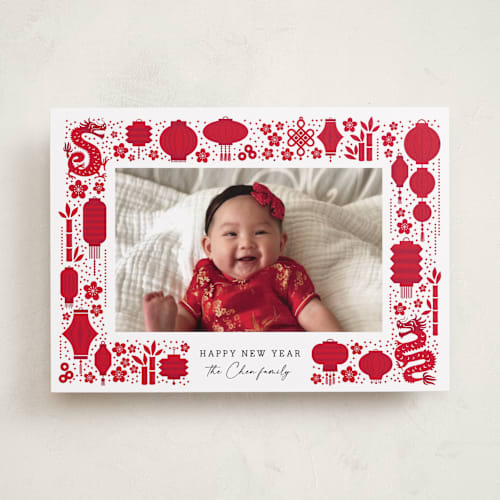 This is a cherry chinese new year cards with standard by Penny Eversole called lanterns and dragons printing on recycled smooth signature in standard