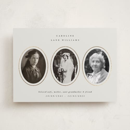 This is a pearl memorial cards with foil pressed by Kelly Watkins called vignette printing on recycled smooth signature in standard