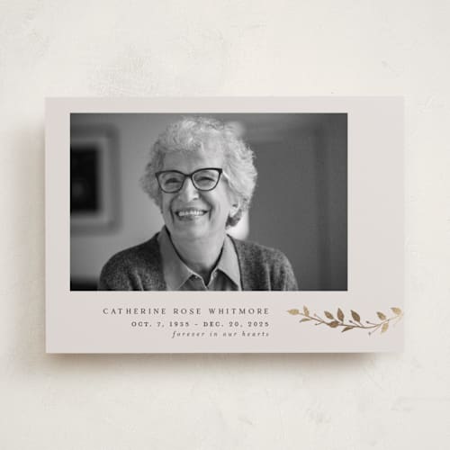 This is a pearl memorial cards with foil pressed by Ana de Sousa called everleaf tribute printing on recycled smooth signature in standard