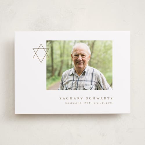 This is a golden memorial cards with standard by Alexandra Cohn called modern star of david printing on recycled smooth signature in standard