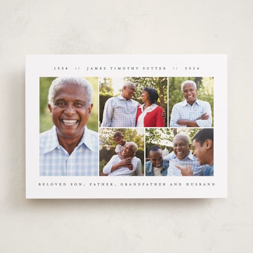 This is a denim memorial cards with standard by Jennifer Postorino called minimalist printing on recycled smooth signature in standard