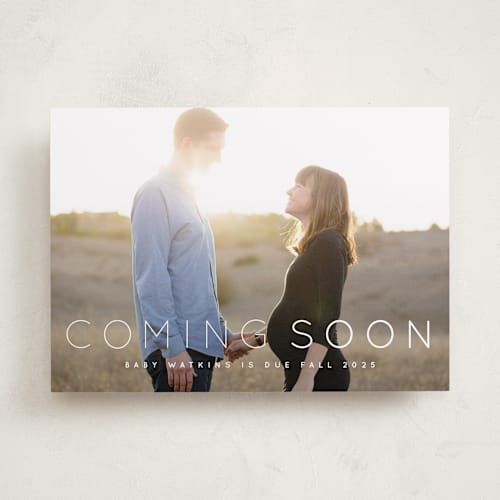 This is a cloud pregnancy announcements with standard by Roxy Cervantes called coming soon printing on smooth signature in standard