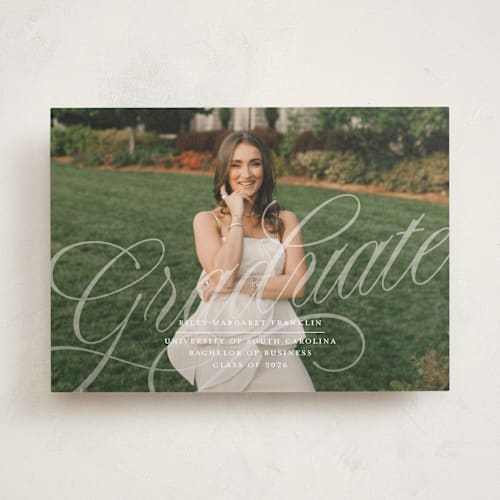 This is a pearl graduation announcements with standard by Paper Raven Co. called savannah script printing on recycled smooth signature in standard