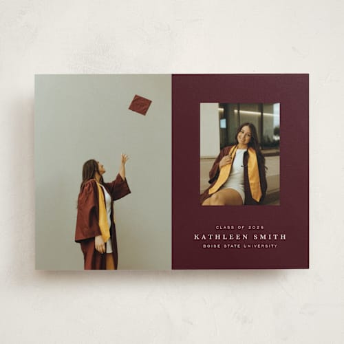 This is a maroon graduation announcements with standard by Joyce Pinheiro called go far printing on recycled smooth signature in standard